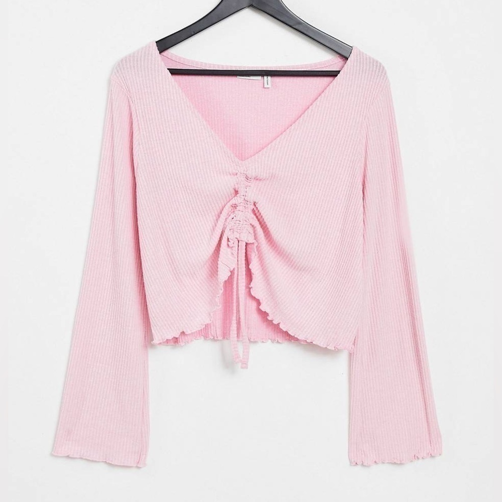 ASOS DESIGN Pink mix & match lounge ribbed long sleeve ruched front top 8